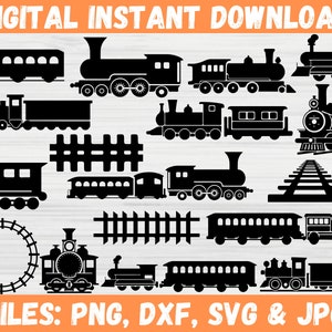 Tren SVG, Tren de vapor SVG, Paquete svg de tren, Archivo de imágenes prediseñadas de tren para Cricut, Archivo de corte de tren PNG, Conjunto de silueta de tren, Vías de tren, Retro,