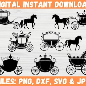 Prinzessin Pferdekutsche SVG, Vintage Pferdekutsche Clipart Silhouette, Laser schneiden Magic Garden Decor Prop, Cricut-Dateien für Aufhänger
