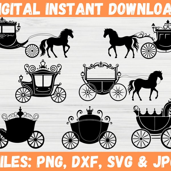 Princess Horse Carriage SVG, Vintage Horse Carriage Clipart Silhouette, Laser Cutting Magic Garden Decor Prop, Cricut Files for Svg