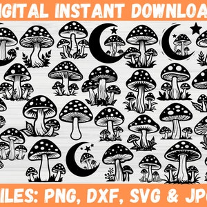 Mushrooms SVG Bundle, Mushroom Illustrations Silhouette Clipart Shirt, Floral Witchy Celestial Fungus, Mystical Magic Nature Cricut Files