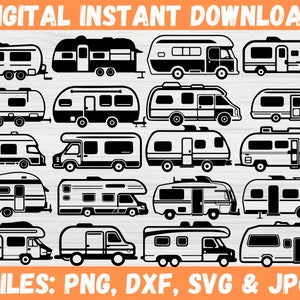 May include: A collection of twenty black and white vector illustrations of various recreational vehicles and campers arranged in a grid. The top text reads DIGITAL INSTANT DOWNLOAD and the bottom text reads FILES: PNG, DXF, SVG & JPG.