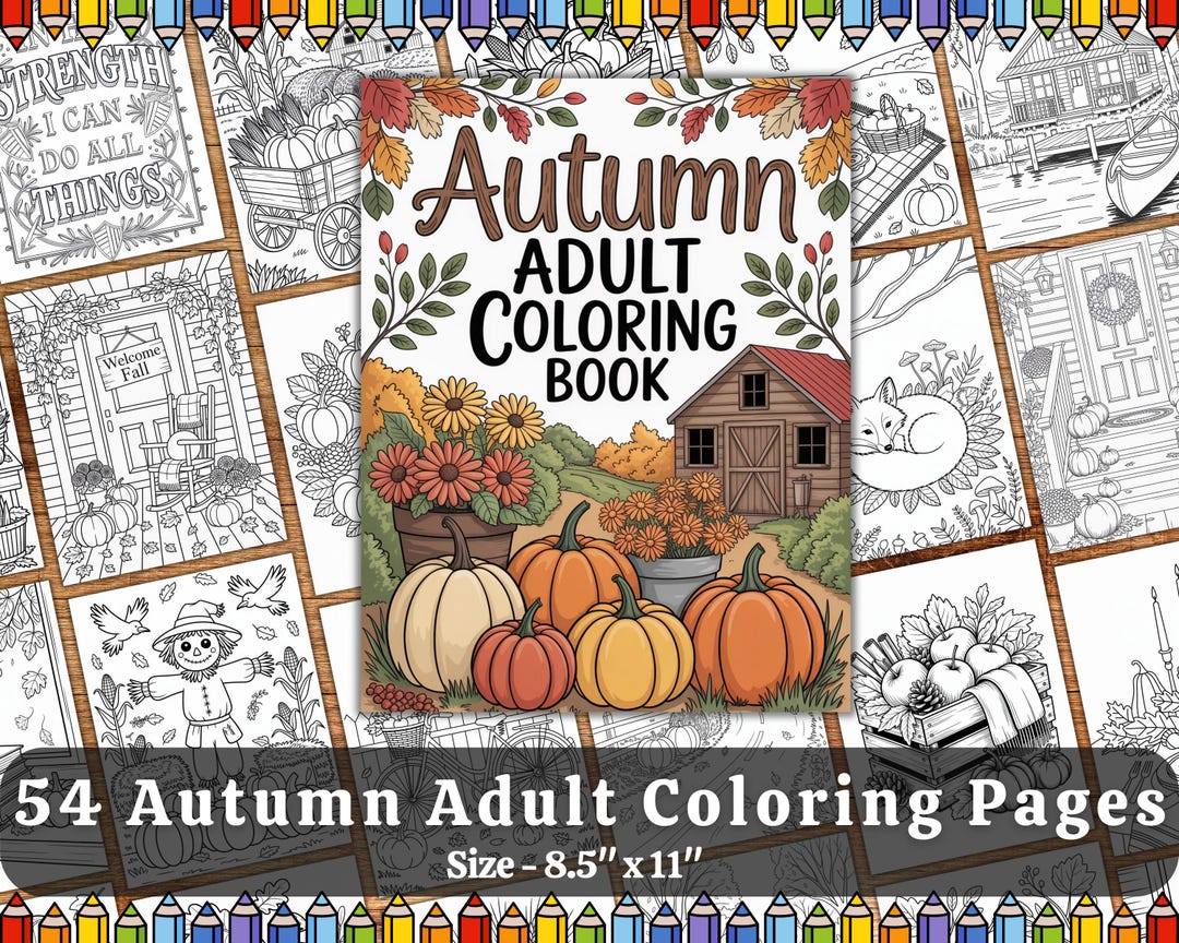 Autumn Adult Coloring Pages | 54-page Printable 8.5x11 PDF | Cozy Fall ...