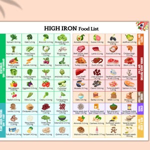 Iron Rich Food List Printable, High Iron Foods for Anemia, Iron Deficiency Diet Chart, Meal Planner Grocery List, Nutrition Guide Food List