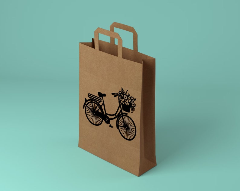May include: A brown paper shopping bag with a black silhouette of a bicycle with a basket of flowers on the front.