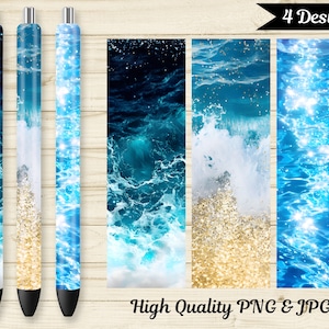 May include: Four designs of ocean-themed pen wraps featuring blue water, white waves, and gold glitter. The designs are printed on a white background.