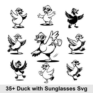Könnte beinhalten: Eine Sammlung von Schwarz-Weiß-Illustrationen von Enten mit Sonnenbrillen in verschiedenen Posen. Die Enten werden mit ausgebreiteten Flügeln, beim Gehen und Tanzen dargestellt. Der Text "35+ Duck with Sunglasses Svg" befindet sich unten.