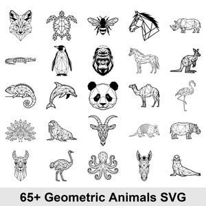 May include: A collection of black and white geometric animal designs, including a fox, turtle, bee, horse, rhino, crocodile, penguin, gorilla, horse, kangaroo, chameleon, dolphin, panda, camel, flamingo, peacock, walrus, goat, armadillo, hippo, llama, ostrich, octopus, donkey, and seal. The text "65+ Geometric Animals SVG" is at the bottom.