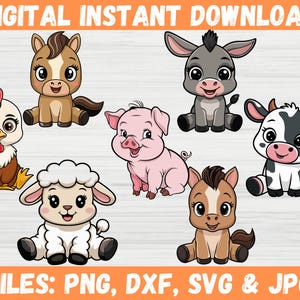 Animali da fattoria carini SVG, Clipart di animali da cortile, Design di animali da fattoria per bambini, File di taglio SVG di maiali, mucche e polli, SVG di fattoria per le vacanze, Contorno di animali