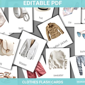 May include: A set of printable flash cards featuring various clothing items, including a white blazer, a brown safari jacket, a white sweater, a white bag, a white belt, a pair of sunglasses, a white hat, a blue tie, a white scarf, a pair of sandals, and a pair of jeans. The cards are labelled with the name of each clothing item.