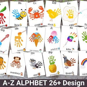 Modelo de livro de alfabeto de impressão manual, artesanato para pré-escola e jardim de infância, impressões de mãos de animais DIY, impressão em sala de aula, jardim de infância, conjunto de escrita ABC