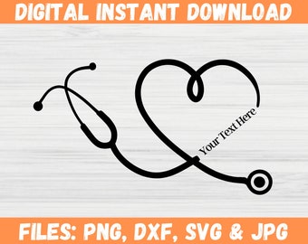 May include: Black and white digital download of a stethoscope in the shape of a heart with the text "Your Text Here" inside the heart.