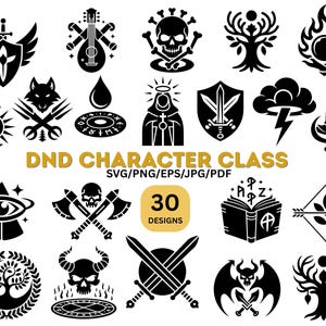 Puede incluir: Una colección de 30 diseños de clases de personajes DND en blanco y negro. Los diseños incluyen un escudo con una espada, una calavera con huesos cruzados, un árbol, un libro y un arco y flechas. Se muestra el texto "DND CHARACTER CLASS".