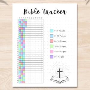 May include: A printable Bible Tracker with the title "Bible Tracker" in a handwritten font. The tracker includes a grid for tracking reading progress, color-coded by page count, and a graphic of an open book with a cross.