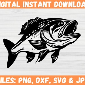 May include: Black and white silhouette of a fish with its mouth open. The fish is facing the right side of the image. The image is on a white woodgrain background.