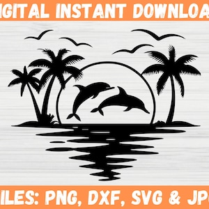 Palmeira Golfinho Pôr do Sol Svg - Palmeira Ilha Romântica, Download Instantâneo - Arquivos Cricut para Svg, Png, Dxf, JPG - Onda do Oceano na Praia de Verão
