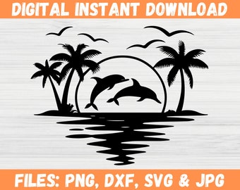 Dolphin Palm Tree Sunset Svg - Romantic Island Palm Tree, Instant Download - Cricut Files for Svg, Png, Dxf, JPG - Summer Beach Ocean Wave