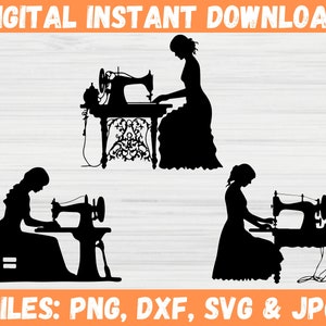 Frau an Nähmaschine SVG, Nähmaschine Clipart Png, Vintage Dame Sew Kit Silhouette, Quilting Maschine Digital Cricut Cut Dateien für SVG