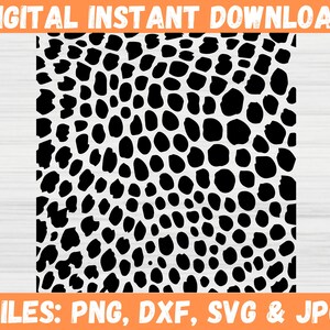 May include: Digital download graphic featuring a black and white spotted pattern. The design has irregular, rounded shapes against a white background. The top of the image reads "DIGITAL INSTANT DOWNLOAD" and the bottom reads "FILES: PNG, DXF, SVG & JPG".