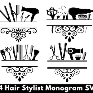 May include: Black and white graphic of four hair stylist monograms. Each design features salon tools such as hair dryers, straighteners, combs, and scissors. The text "04 Hair Stylist Monogram SVG" is at the bottom.