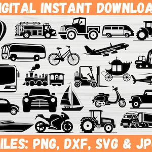 May include: A set of 20 black and white vector illustrations of various vehicles, including a hot air balloon, a fire engine, a pickup truck, a bus, a bicycle, an aeroplane, a forklift, a carriage, a helicopter, a car, a scooter, a jeep, a tractor, a sailboat, a motorcycle, and a yacht. The text "DIGITAL INSTANT DOWNLOAD" and "FILES: PNG, DXF, SVG & JPG" are also included in the image.