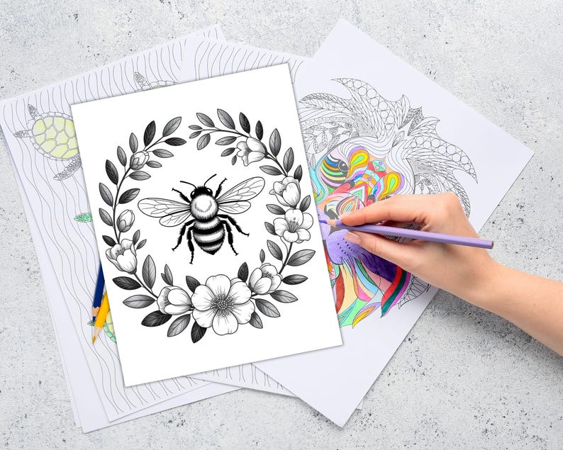 Bee and nature coloring pages
Bee in a floral pattern coloring
Bee and flower petals coloring
Bee and lavender flowers coloring pages
Bee on sunflower petals coloring
Bee and spring floral designs coloring
Bee on daisies coloring pages
Bee with flower bouquet coloring
Bee flying around flowers coloring