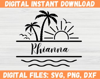 Palm Tree Monogram SVG, Beach Split-Frame Monogram, Ocean Waves Sunshine Silhouette, Summer Name Frame Clipart, Cricut Cut Files Svg,Png,Dxf