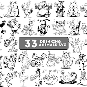 Puede incluir: Ilustraciones SVG en blanco y negro de 33 animales bebiendo. Incluyen un oso, un panda y un mono, entre otros. El texto "33 DRINKING ANIMALS SVG" aparece en un rectángulo gris.