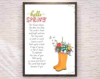 Arte imprimible de huellas de manos de primavera, poema de flores de primavera, recuerdo de huellas de manos para niños, actividad para niños en edad preescolar, decoración del aula