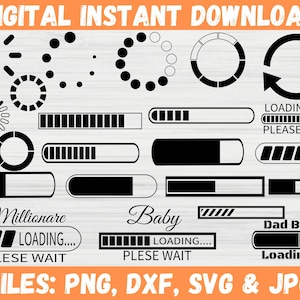 May include: A digital download of 14 black and white loading icons and progress bars. The icons include a spinning circle, a circle with dots, a circle with a line, a circle with a checkmark, a circle with an arrow, a circle with a percentage, a circle with a bar, a circle with a line, a circle with a checkmark, a circle with an arrow, a circle with a percentage, a circle with a bar, a circle with a line, and a circle with a checkmark. The text "LOADING... PLEASE WAIT" is also included.