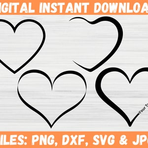 May include: Four black heart outlines, three are simple and one has the text "Your Text Here" inside.