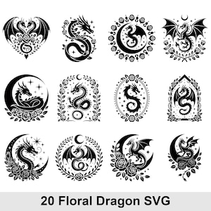 May include: A collection of black dragon designs with floral and celestial elements. The dragons are depicted in various poses, some with wings, surrounded by roses, moons, and stars. The text "20 Floral Dragon SVG" is at the bottom.