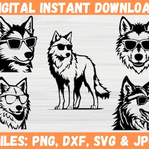 May include: A digital download of five black and white silhouette images of dogs wearing sunglasses. The dogs are in various poses, including a wolf, a husky, and a pug. The text "FILES: PNG, DXF, SVG & JPG" is at the bottom of the image.