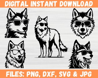 SVG de lobo genial, diseño de camiseta de lobo con gafas, archivo Cricut de lobo divertido, silueta de cabeza de lobo SVG, PNG dxf eps