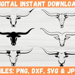 Longhorn Skull SVG Bundle, Bull Skull Clipart, Sublimation Vector Cut File, Instant Download - Silhouette Cricut Files for Svg,Png,Dxf,Jpg