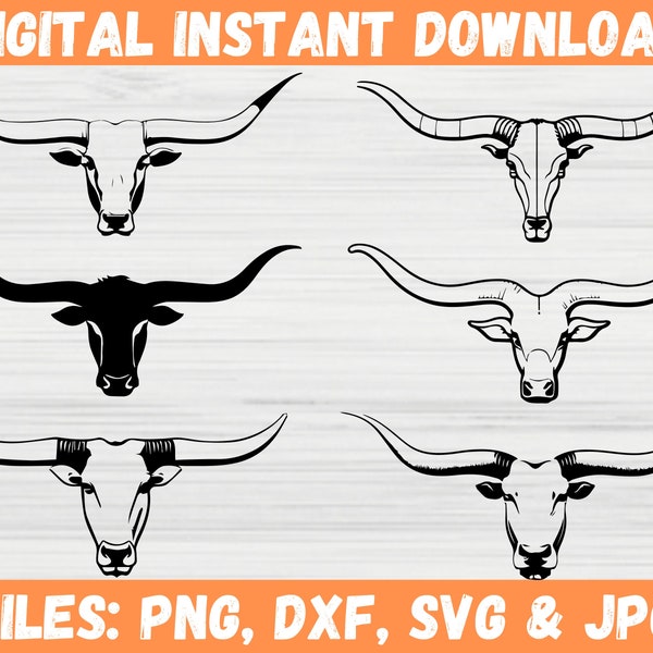 Longhorn Skull SVG Bundle, Bull Skull Clipart, Sublimation Vector Cut File, Instant Download - Silhouette Cricut Files para Svg, Png, Dxf, Jpg