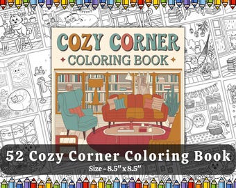 Puede incluir: Un libro para colorear titulado "Cozy Corner Coloring Book" con una ilustración de portada de una acogedora escena de sala de estar. El libro mide 21,6 cm x 21,6 cm y contiene 52 páginas. La portada presenta el texto "Cozy Corner Coloring Book".