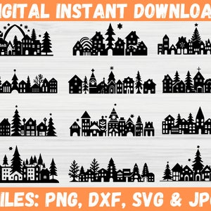 Siluetas de pueblos navideños en formato SVG, trazador de casas de pueblos de vacaciones de invierno, imágenes prediseñadas de decoración de pueblos de papel con escenas navideñas, archivos Cricut para SVG
