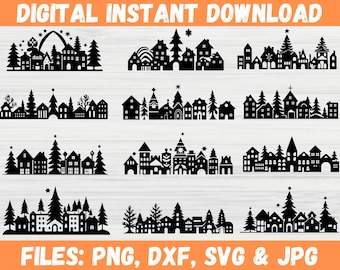 Christmas Villages Silhouette Svg, Winter Holiday Village House Plotter, Xmas Scene Paper Village Decoration Clipart, Cricut Files for Svg