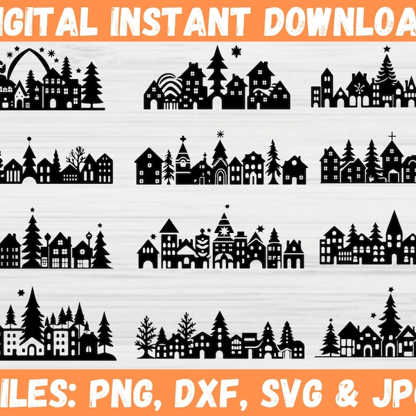 Weihnachtsdörfer Silhouette svg, Winter Urlaub Dorfhaus Plotter, Weihnachten Szene Papier Dorf Dekoration Clipart, Cricut Dateien für svg