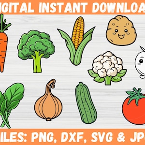 May include: A set of 10 colorful cartoon vegetable and fruit illustrations. The illustrations include a carrot, broccoli, corn, cauliflower, spinach, onion, cucumber, tomato, a potato with a face, and an apple with a face.