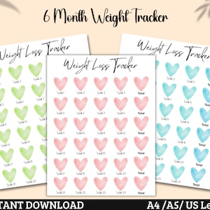 May include: Three printable weight loss trackers with heart-shaped graphics in green, pink, and blue. Each tracker is designed for a 6-month period and includes the text "Weight Loss Tracker" and "Total". The phrase "Instant Download" is also visible.