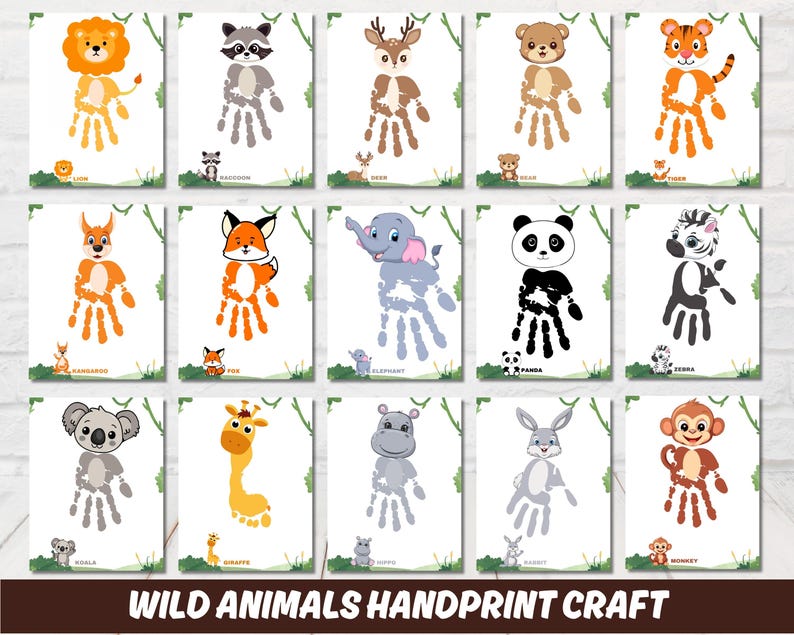 Lion handprint craft
Tiger handprint craft
Elephant handprint craft
Giraffe handprint craft
Monkey handprint craft
Bear handprint craft
Fox handprint craft
Owl handprint craft
Deer handprint craft