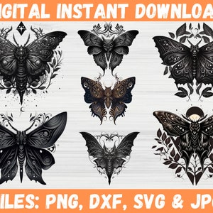 May include: Digital instant download featuring six detailed illustrations of moths and a bat in black and white. The designs include intricate patterns and are surrounded by floral elements. The text "DIGITAL INSTANT DOWNLOAD" and "FILES: PNG, DXF, SVG & JPG" are displayed.