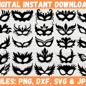 Pacchetto SVG maschera di carnevale, Clipart maschera facciale costume festa di Halloween, Silhouette maschera di Mardi Gras, Download mascherata, File di taglio Cricut Svg