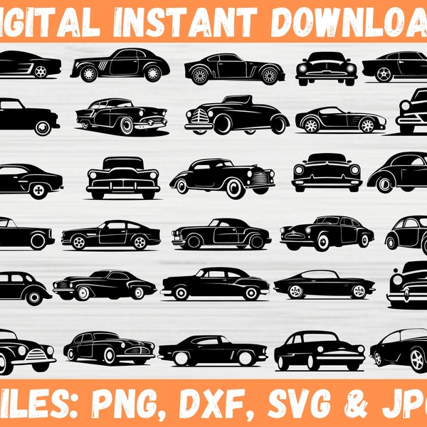 Classic Cars SVG Bundle, Mustang Vintage Car Silhouette, Olden Race Sport Car Instant Download, Antique Automobile Vector Cricut Files Svg