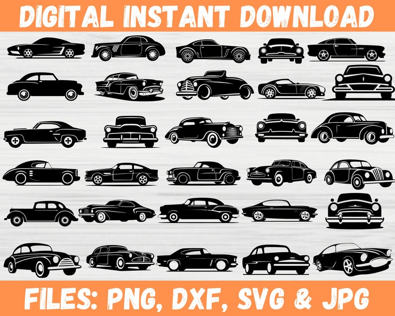 May include: A collection of 30 black and white vintage car silhouette illustrations. The illustrations are in a variety of styles, including classic, muscle, and hot rod. The text "DIGITAL INSTANT DOWNLOAD" and "FILES: PNG, DXF, SVG & JPG" are at the top and bottom of the image.