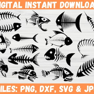 Fish Bones SVG Bundle, Dead Fish Bone Clipart, Pike Skeleton Silhouette, Fish Skull Digital Shirt Design, Instant Download, Cricut File SVG