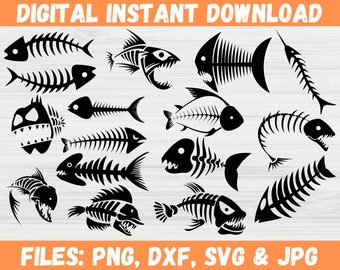 Fish Bones SVG, Dead Fish Skeleton Cut File, Pike Skull Fishing Shirt Design for Cricut Silhouette PNG DXF