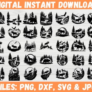 Woodland Scenes Bundle SVG, Forest Scene SVG Bundle, Woodland Nature Clipart, Forest Mountains, Woodland Animals Svg, Rustic forest Svg