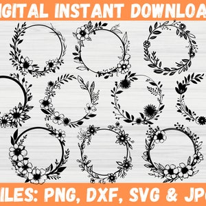 Pacote de Coroa de Flores Svg | Clipart de Moldura Circular com Ornamento Floral Monograma | Download Instantâneo - Arquivos Silhouette Cricut para Svg, PNG, Dxf, Jpg